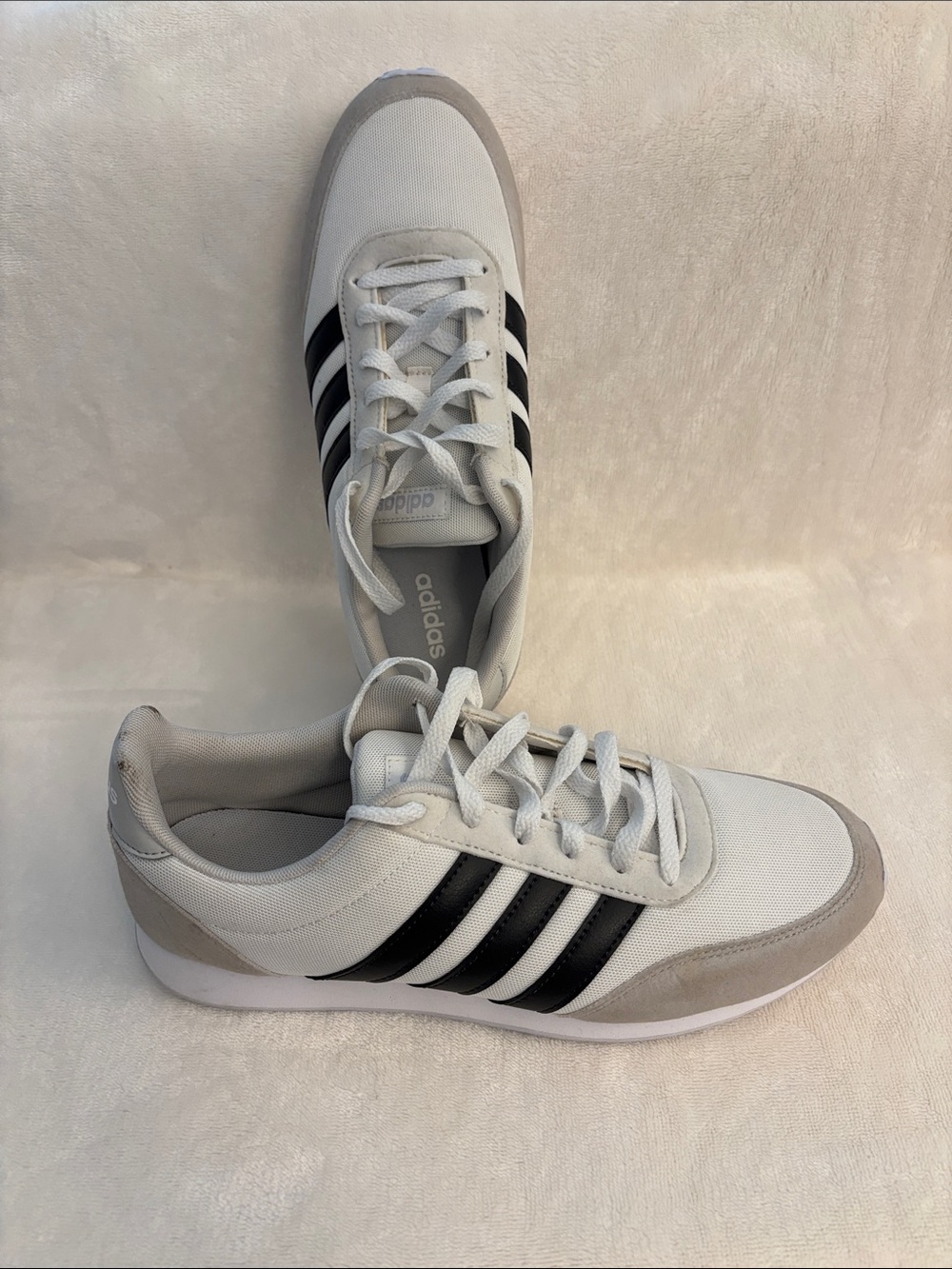 adidas Women’s White Sneakers with Black Stripes and Light Gray Accents